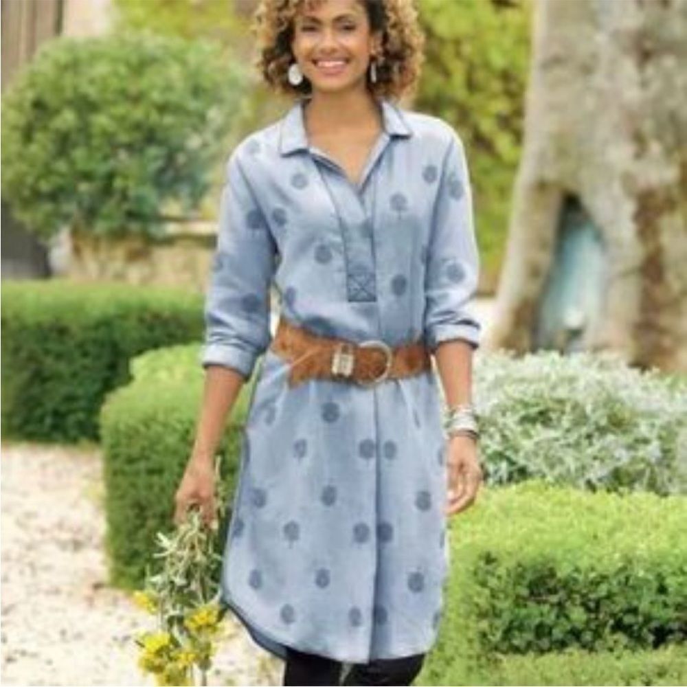 Soft Surroundings Blue Embroidered Gray Design Tunic Dress Boho Contemporary